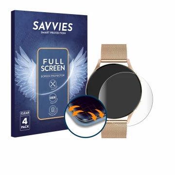 Front side of a product packaging with the brand logo Savvies. Next to it is the device Levowatch Edgy 1.43