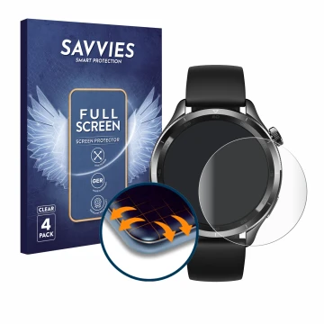 Front side of a product packaging with the brand logo Savvies. Next to it is the device Xiaomi Watch S4 (47 mm) shown with the