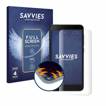Front side of a product packaging with the brand logo Savvies. Next to it is the device ZTE Blade A35 lite shown with the corr