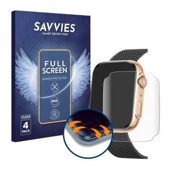 Front side of a product packaging with the brand logo Savvies. Next to it is the device Powerwill Smartwatch 1.91