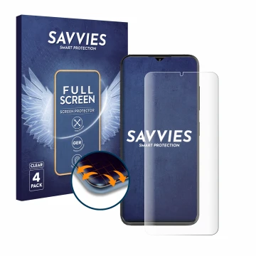 Front side of a product packaging with the brand logo Savvies. Next to it is the device ZTE Blade V50S shown with the correspo