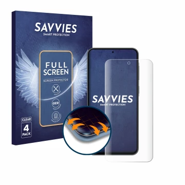 Front side of a product packaging with the brand logo Savvies. Next to it is the device Samsung Galaxy A36 5G shown with the c