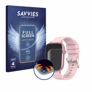 Front side of a product packaging with the brand logo Savvies. Next to it is the device Ombar Smartwatch 1.9