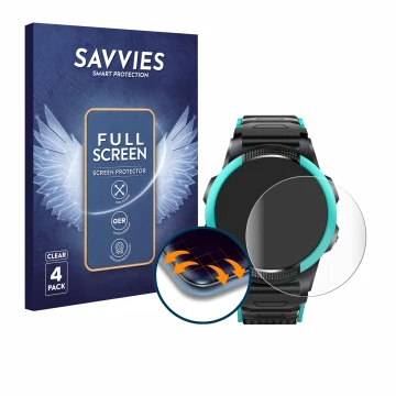 Front side of a product packaging with the brand logo Savvies. Next to it is the device SaveFamily Slim 4G shown with the corr