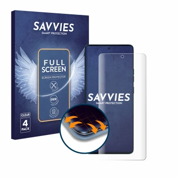 Front side of a product packaging with the brand logo Savvies. Next to it is the device Motorola Edge 50 shown with the corres