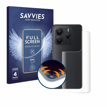 Front side of a product packaging with the brand logo Savvies. Next to it is the device Xiaomi Redmi Note 14 (Back) shown with