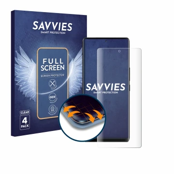Front side of a product packaging with the brand logo Savvies. Next to it is the device Volla Phone Quintus shown with the cor