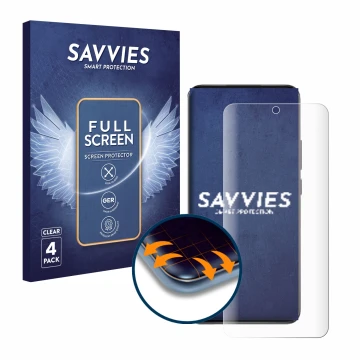 Front side of a product packaging with the brand logo Savvies. Next to it is the device Oppo Reno 12 shown with the correspond