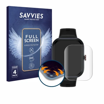 Front side of a product packaging with the brand logo Savvies. Next to it is the device Honor Choice Connected Watch shown wit
