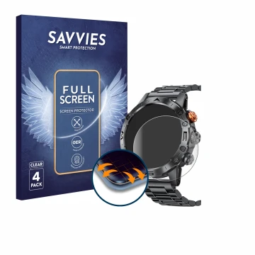 Front side of a product packaging with the brand logo Savvies. Next to it is the device DekeFit MT43PRO 1.53