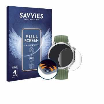 Front side of a product packaging with the brand logo Savvies. Next to it is the device OnePlus Watch 3 shown with the corresp