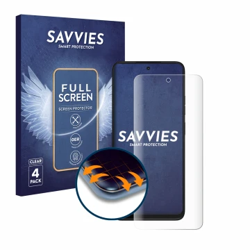 Front side of a product packaging with the brand logo Savvies. Next to it is the device Motorola Moto G35 shown with the corre