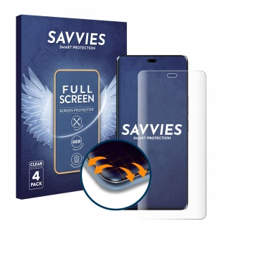 Front side of a product packaging with the brand logo Savvies. Next to it is the device Honor Magic 7 Lite shown with the corr