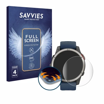 Front side of a product packaging with the brand logo Savvies. Next to it is the device Garmin quatix 7 Pro shown with the cor