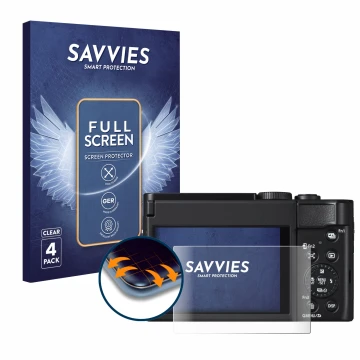 Front side of a product packaging with the brand logo Savvies. Next to it is the device Panasonic Lumix DC-TZ99 shown with the