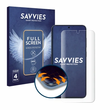 Front side of a product packaging with the brand logo Savvies. Next to it is the device Samsung Galaxy S25 Plus shown with the