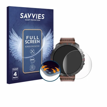 Front side of a product packaging with the brand logo Savvies. Next to it is the device Polar Grit X2 Pro Titan shown with the