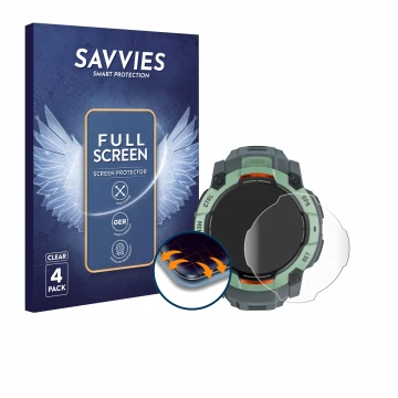 Front side of a product packaging with the brand logo Savvies. Next to it is the device Garmin Instinct 3 AMOLED (45 mm) shown
