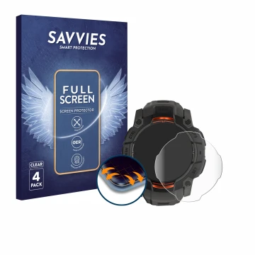Front side of a product packaging with the brand logo Savvies. Next to it is the device Garmin Instinct 3 Solar (45 mm) shown 
