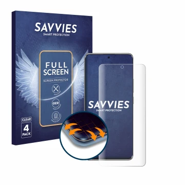 Front side of a product packaging with the brand logo Savvies. Next to it is the device Xiaomi Poco X7 shown with the correspo