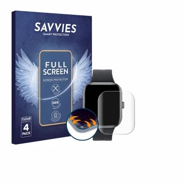 Front side of a product packaging with the brand logo Savvies. Next to it is the device Xiaomi Redmi Watch 5 shown with the co