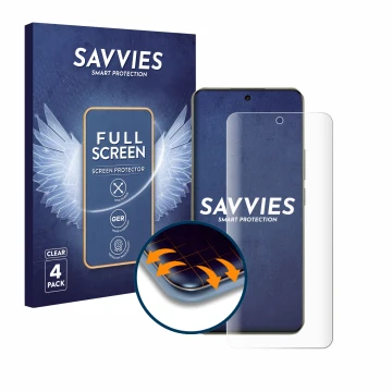 Front side of a product packaging with the brand logo Savvies. Next to it is the device realme 14 Pro Plus shown with the corr