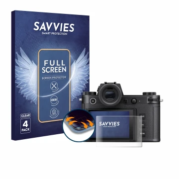 Front side of a product packaging with the brand logo Savvies. Next to it is the device Leica SL3-S shown with the correspondi