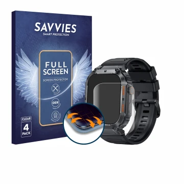Front side of a product packaging with the brand logo Savvies. Next to it is the device bedee Smartwatch 1.96