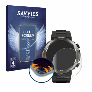 Front side of a product packaging with the brand logo Savvies. Next to it is the device Blackview W50 Pro 1.45