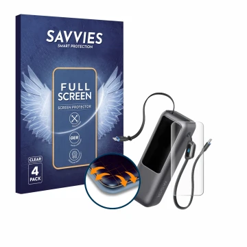 Front side of a product packaging with the brand logo Savvies. Next to it is the device Anker Laptop Powerbank A1695 shown wit