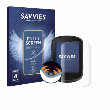 Front side of a product packaging with the brand logo Savvies. Next to it is the device Garmin Edge 540 Solar shown with the c