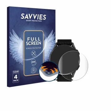 Front side of a product packaging with the brand logo Savvies. Next to it is the device Garmin Approach S50 shown with the cor