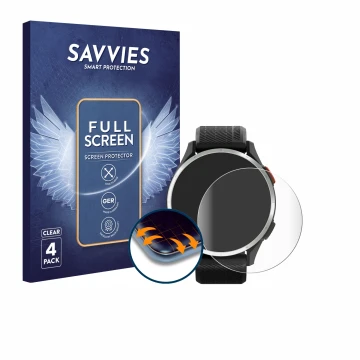 Front side of a product packaging with the brand logo Savvies. Next to it is the device Garmin Approach S44 shown with the cor