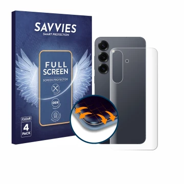 Front side of a product packaging with the brand logo Savvies. Next to it is the device Samsung Galaxy S25 Plus (Back) shown w