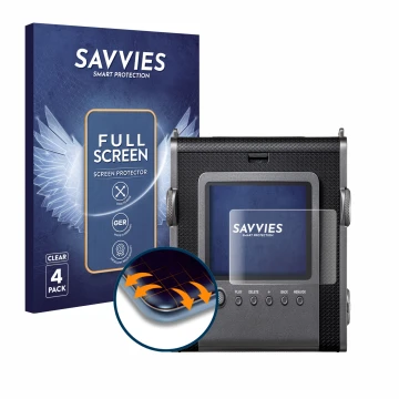 Front side of a product packaging with the brand logo Savvies. Next to it is the device Fujifilm Instax Wide Evo shown with th