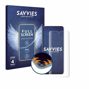 Front side of a product packaging with the brand logo Savvies. Next to it is the device Samsung Galaxy S20 5G (case-friendly) 