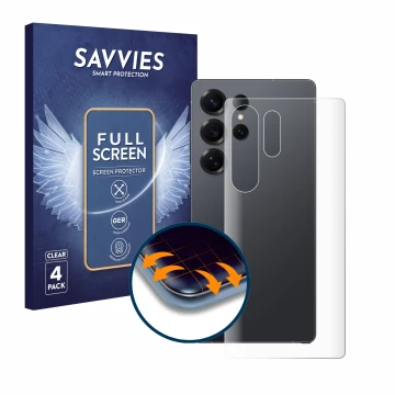 Front side of a product packaging with the brand logo Savvies. Next to it is the device Samsung Galaxy S25 Ultra Enterprise Ed