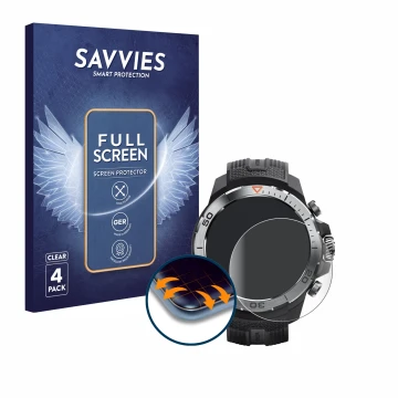 Front side of a product packaging with the brand logo Savvies. Next to it is the device Xiaomi Mibro GS Explorer shown with th