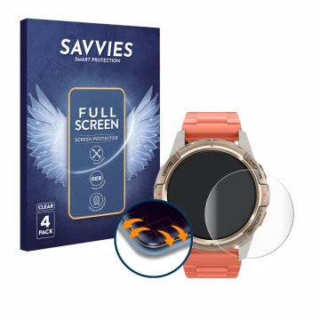 Front side of a product packaging with the brand logo Savvies. Next to it is the device Xiaomi Mibro GS Active shown with the 