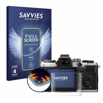 Front side of a product packaging with the brand logo Savvies. Next to it is the device OM System OM-3 shown with the correspo
