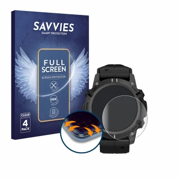 Front side of a product packaging with the brand logo Savvies. Next to it is the device Garmin Descent G2 shown with the corre