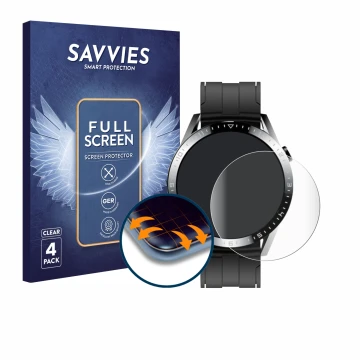 Front side of a product packaging with the brand logo Savvies. Next to it is the device Tracer Smartwatch SM9 shown with the c