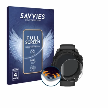 Front side of a product packaging with the brand logo Savvies. Next to it is the device Garmin Tactix 8 Solar (51 mm) shown wi