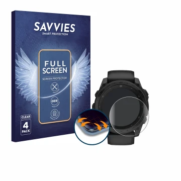 Front side of a product packaging with the brand logo Savvies. Next to it is the device Garmin Tactix 8 AMOLED (51 mm) shown w