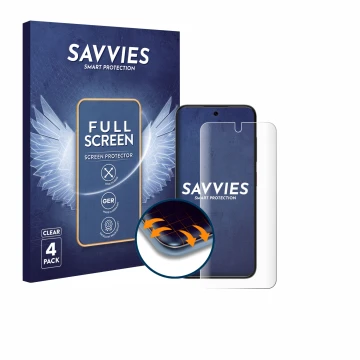 Front side of a product packaging with the brand logo Savvies. Next to it is the device ZTE Blade V70 Vita shown with the corr