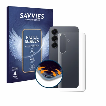 Front side of a product packaging with the brand logo Savvies. Next to it is the device Samsung Galaxy S25 Enterprise Edition 