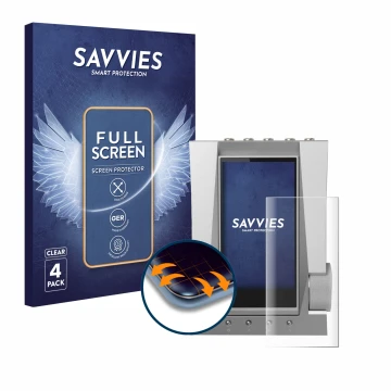 Front side of a product packaging with the brand logo Savvies. Next to it is the device Astell&Kern ACRO CA1000T shown with th