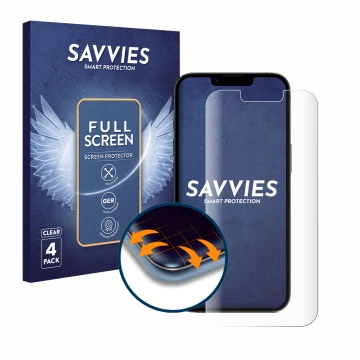Front side of a product packaging with the brand logo Savvies. Next to it is the device Apple iPhone 16e shown with the corres