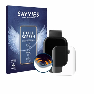 Front side of a product packaging with the brand logo Savvies. Next to it is the device Hama Smartwatch 5000 shown with the co