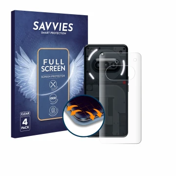 Front side of a product packaging with the brand logo Savvies. Next to it is the device Nothing Phone (3a) (Back) shown with t